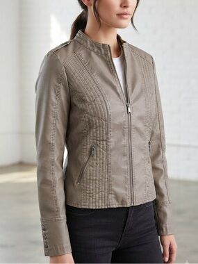 Collection B Taupe Faux Leather Moto Jacket